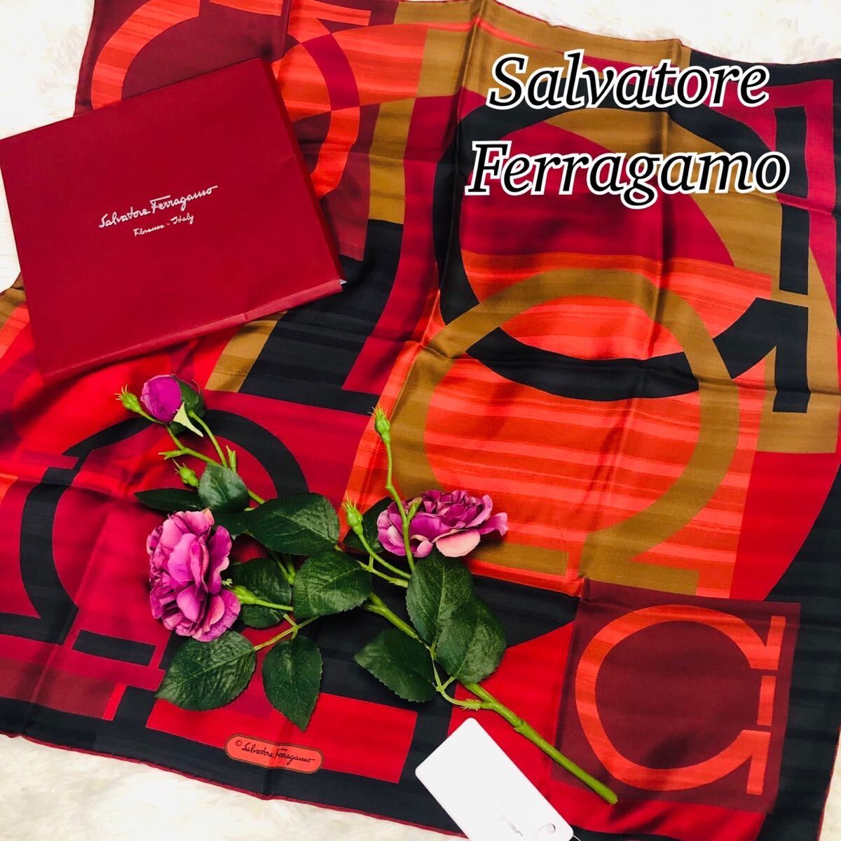 Salvatore Ferragamo サルヴァトーレ フェラガモ レディース 女性 スカーフ ガンチーニ柄 ボルドー ブラウン 新品未使用 68×68の画像1