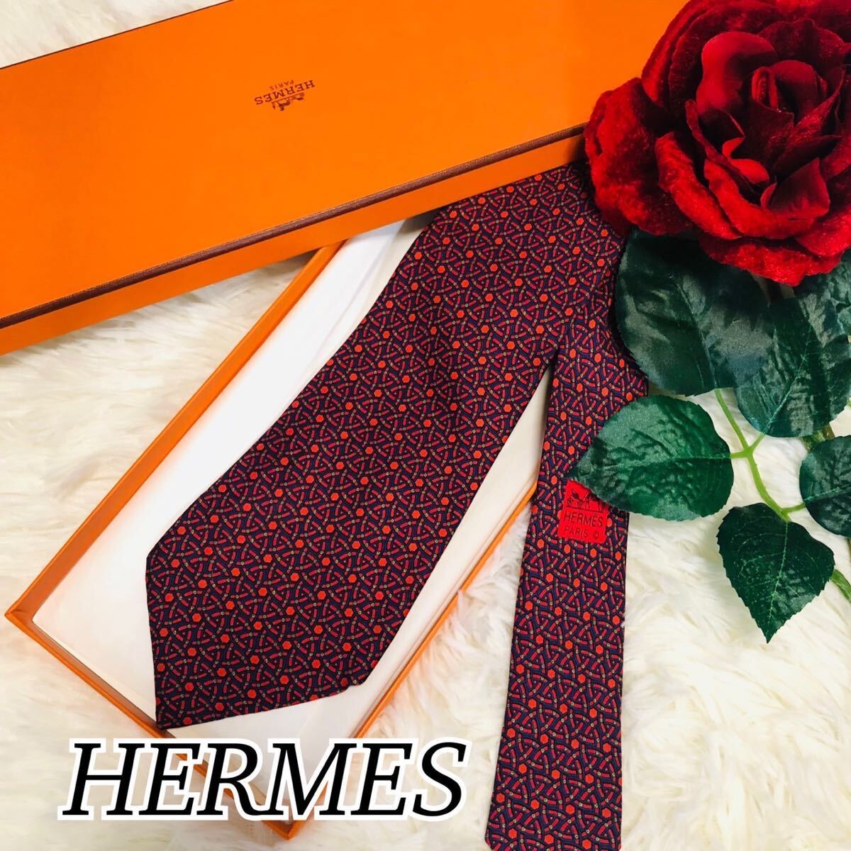 HERMES エルメス メンズ 男性 紳士 ネクタイ ブランドネクタイ 総柄 赤 紺 レッド ネイビー 結婚式 ビジネス 美品 剣先 9.5cmの画像1
