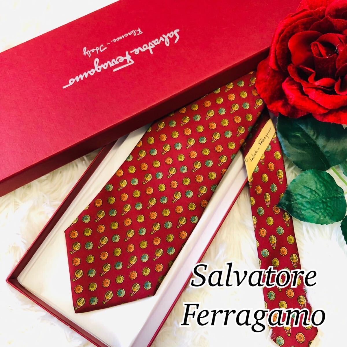 Salvatore Ferragamo サルヴァトーレフェラガモ メンズ 男性 紳士 ネクタイ 総柄 茶 ブラウン 結婚式 ビジネス 美品 剣先 9.7cmの画像1