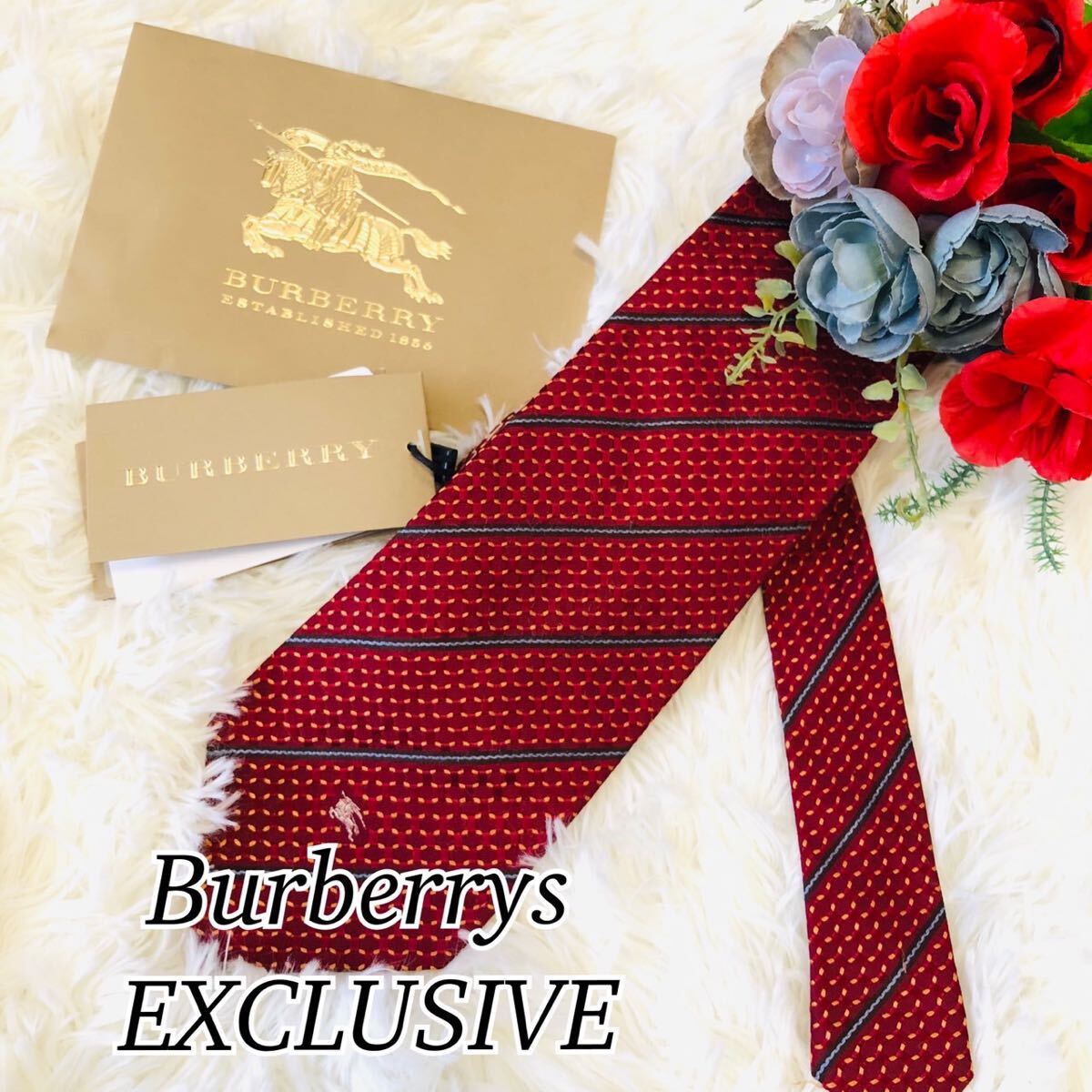 Burberrys EXCLUSIVE バーバリー メンズ 男性 紳士 ネクタイ ブランドネクタイ BURBERRY ストライプ ホースロゴ 赤 レッド 剣先 9.6cmの画像1