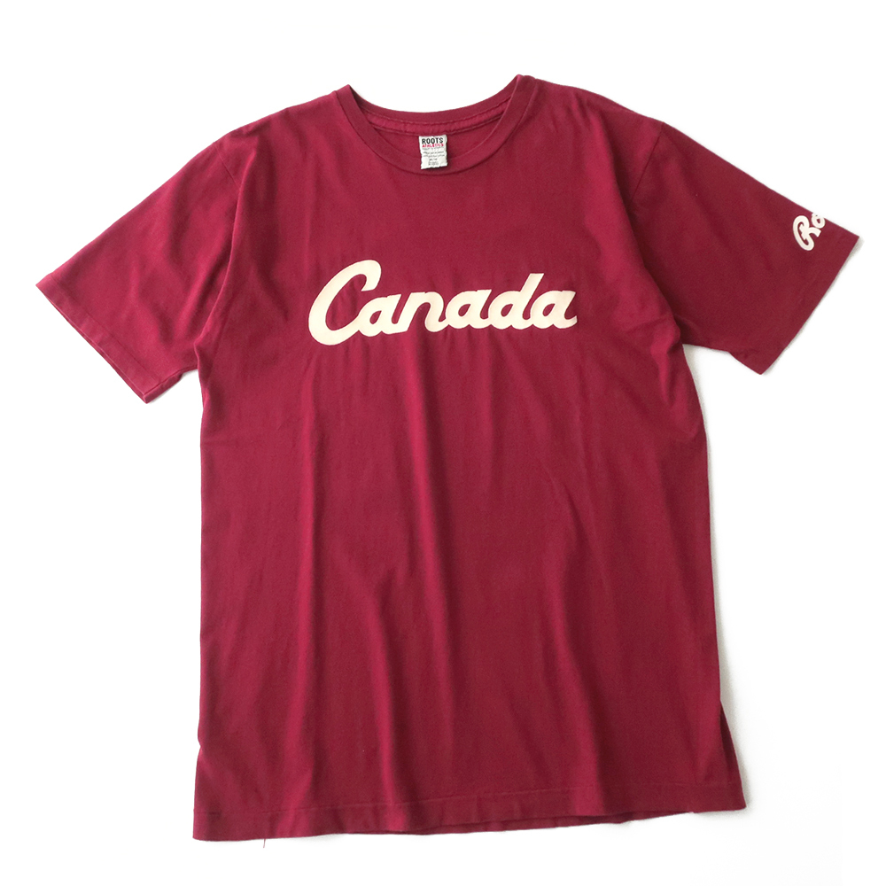 カナダ製 ROOTS ATHLETICS シングルステッチTシャツ フロッキーロゴプリント/丸胴 レッド(M)_画像1