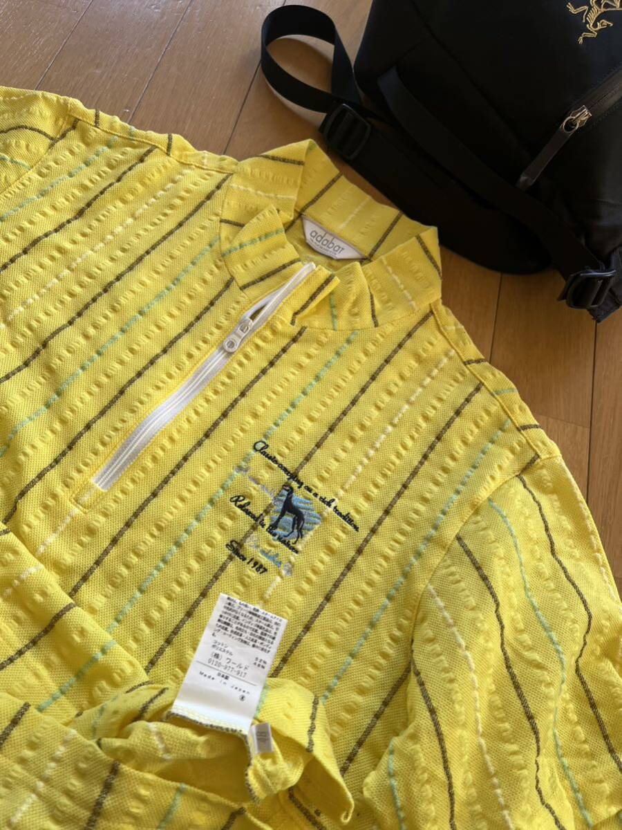 超美品 日本製 稀少 アダバット adabat GOLF 豪華ロゴ刺繍 高品質DRYメッシュ素材 ジップ半袖シャツ size48(L) イエロー系 MADE in JAPAN_画像5