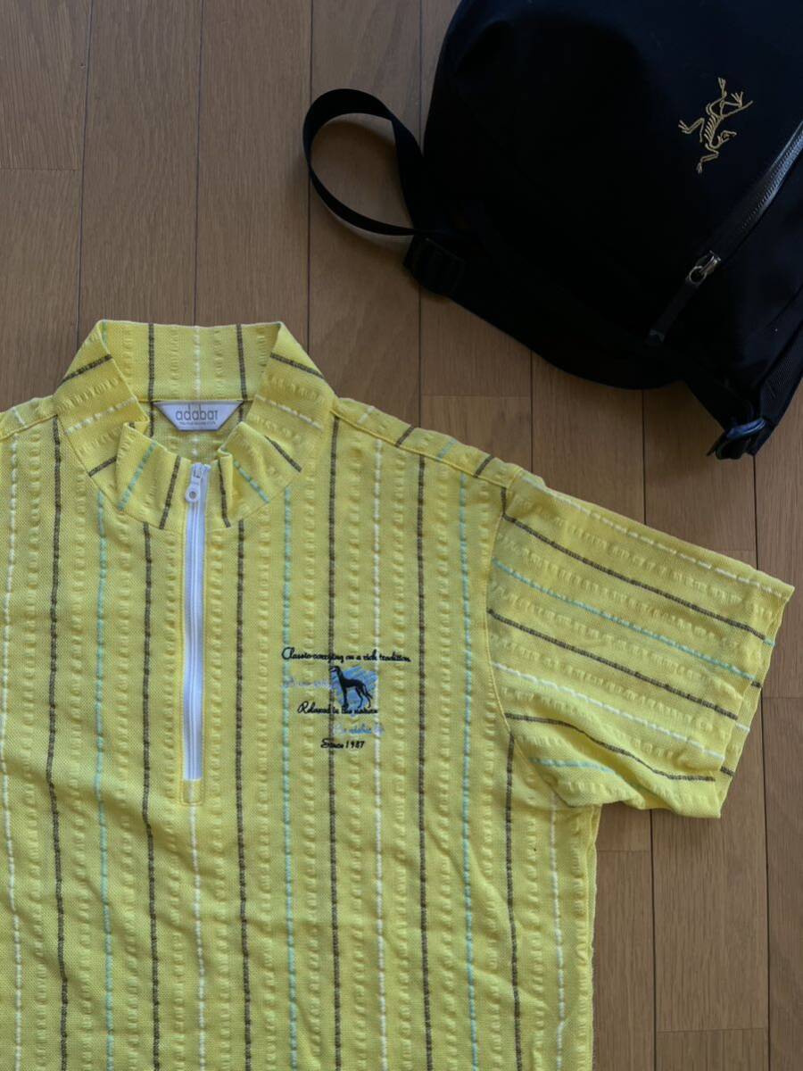超美品 日本製 稀少 アダバット adabat GOLF 豪華ロゴ刺繍 高品質DRYメッシュ素材 ジップ半袖シャツ size48(L) イエロー系 MADE in JAPANの画像8