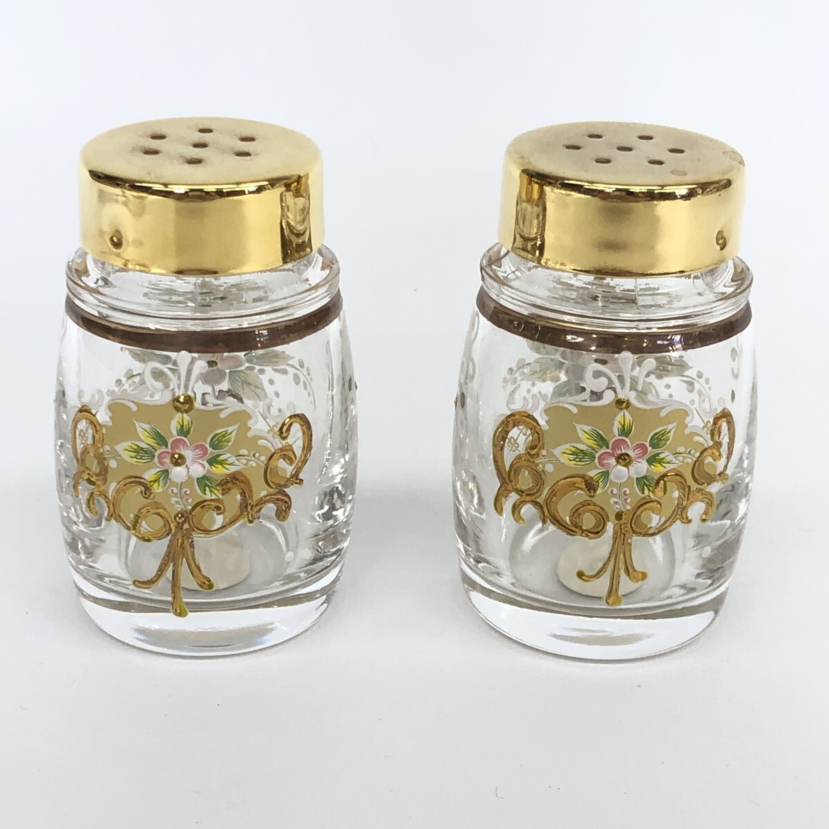 【中古美品】　MURANO ムラノ ベネチアンガラス 24K スパイスボトル　卓上セット　調味料入れ　ソルト＆ペッパー(N60514_6_20y)_画像2