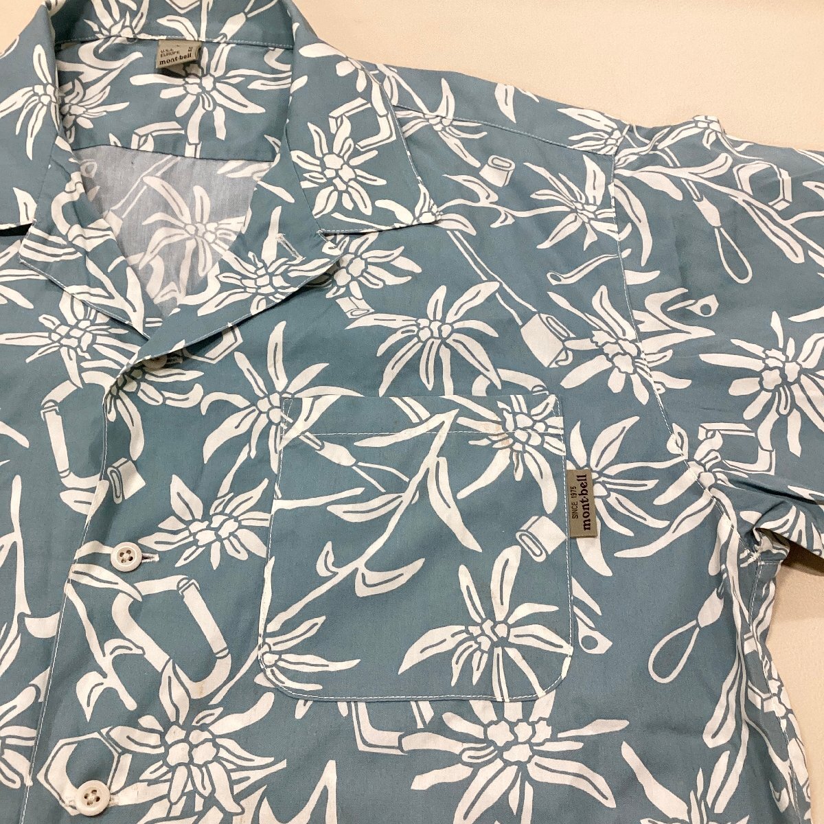 ☆mont-bell (モンベル) 半袖 アロハシャツ ハーフスリーブシャツ メンズ Lサイズ ターコイズブルー系 夏服 トップス 0.2kg☆_画像9