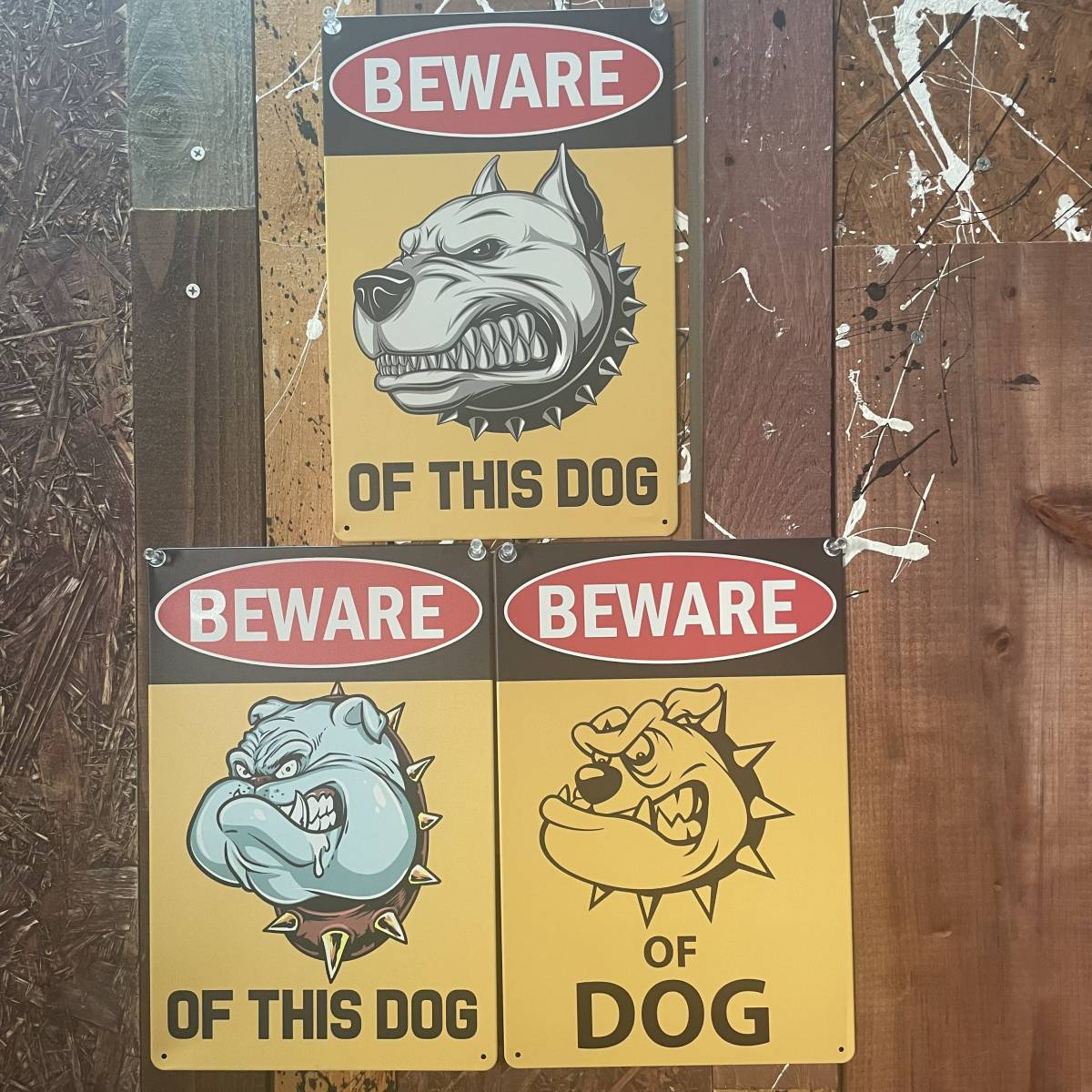 3枚 新品 壁掛けプレート BEWARE OF DOG 猛犬注意 犬に注意 警告版 防犯対策 危険 番犬 狂犬 いぬ イヌ メタル 金属パネル ブリキ看板