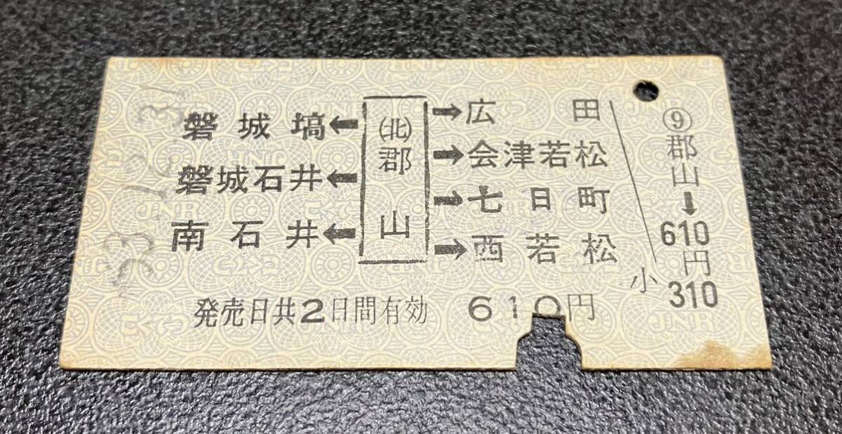 国鉄 硬券 乗車券 （両矢印式7方向）郡山駅発行　昭和53年_画像1