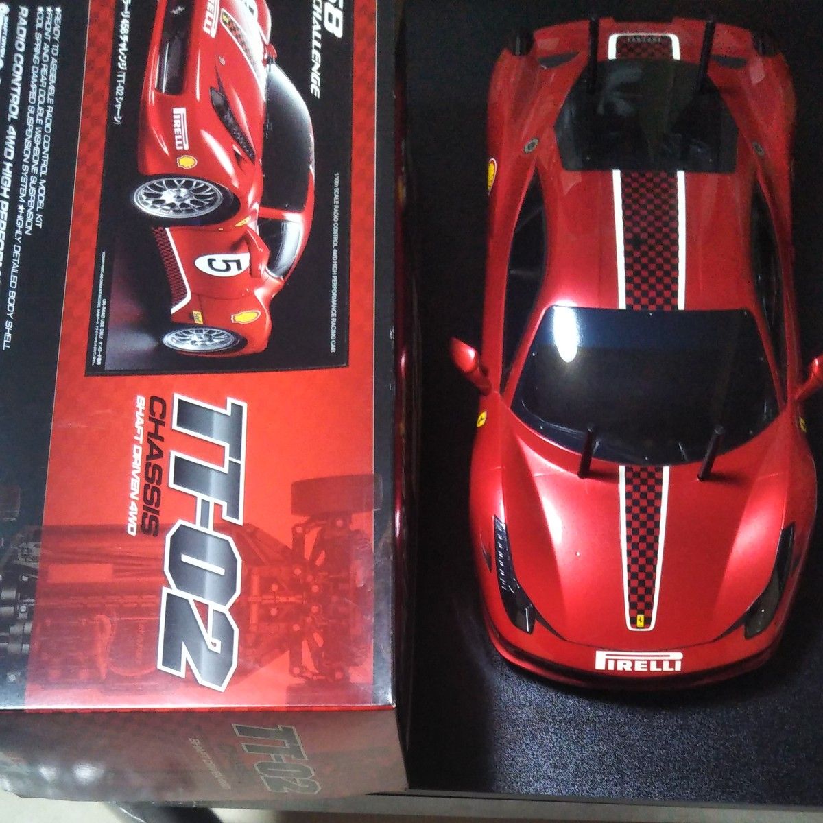 タミヤ TT02 シャーシとフェラーリ 458 イタリア ボディ タミヤ 1/10 RC フェラーリ458チャレンジ メタリックレッド塗装