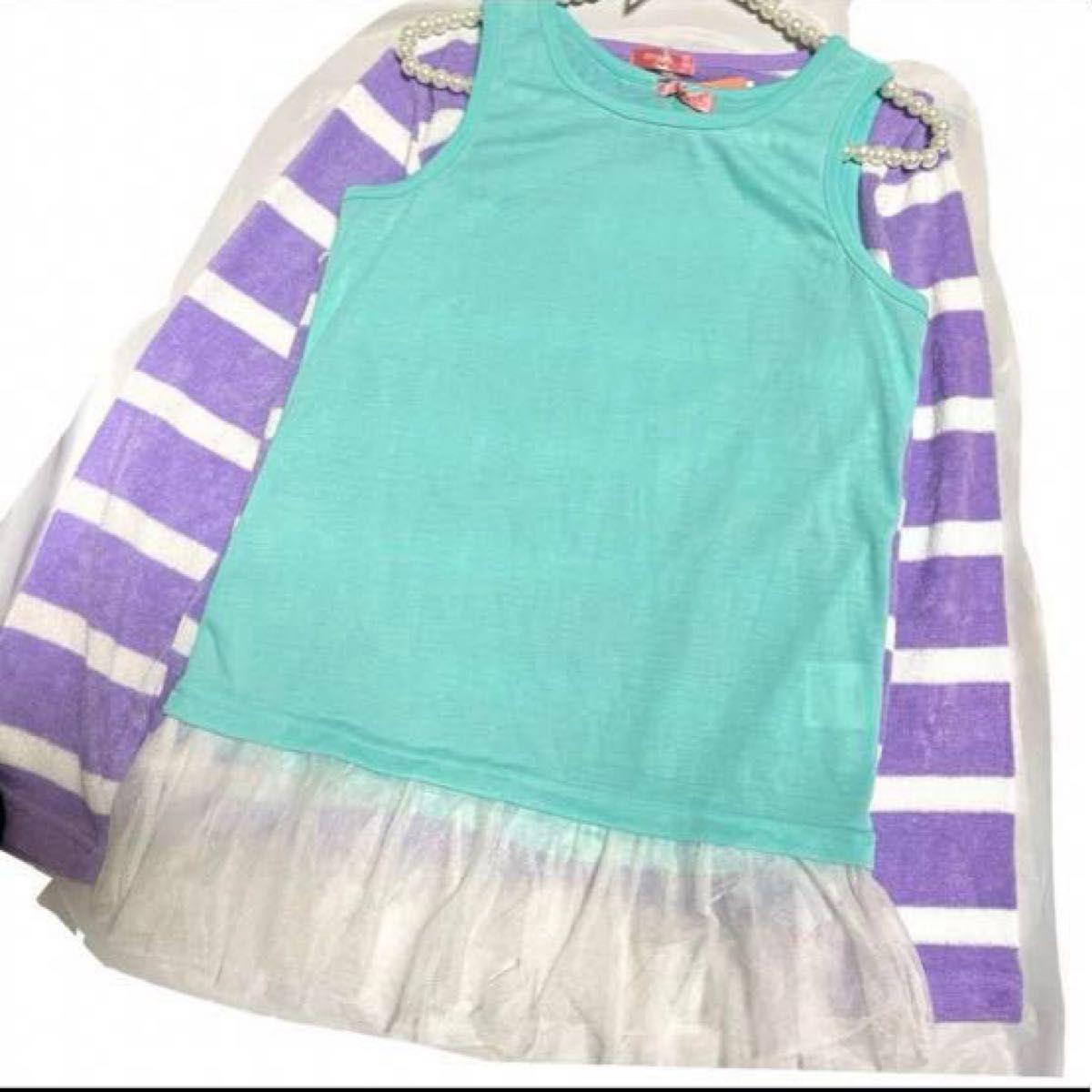 女の子　トップス　160 春　夏　ノースリーブ　Tシャツ　サマーニット　子供　ボーダ　重ね着　キッズ　紫　パープル　レース　薄手