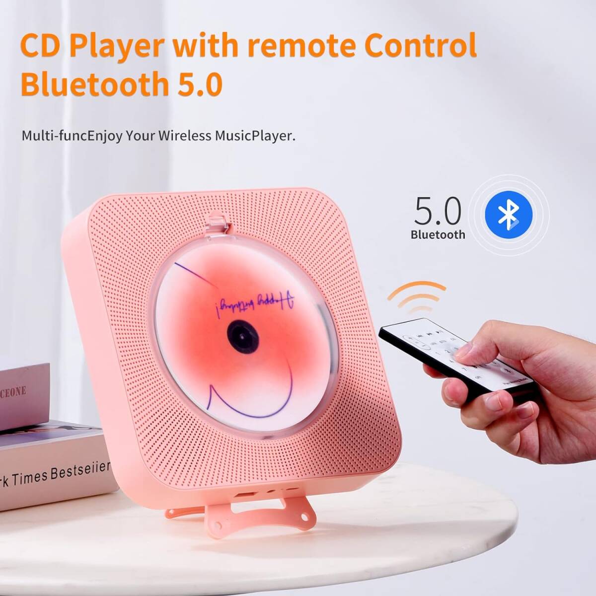 YintinyかわいいピンクのCDプレーヤーBluetooth 5.0、家庭用装飾充電音楽プレーヤー、携帯型/998