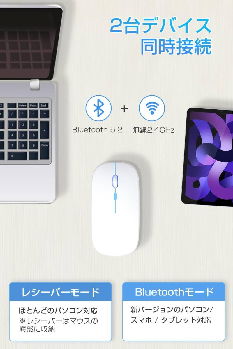 【Type-C充電式】 マウス Bluetooth5.2 無線 ワイヤレス 静音 瞬時接続 超薄型 小型 高感度 USB充電式 2.4GHz ホワイト/S9_画像3