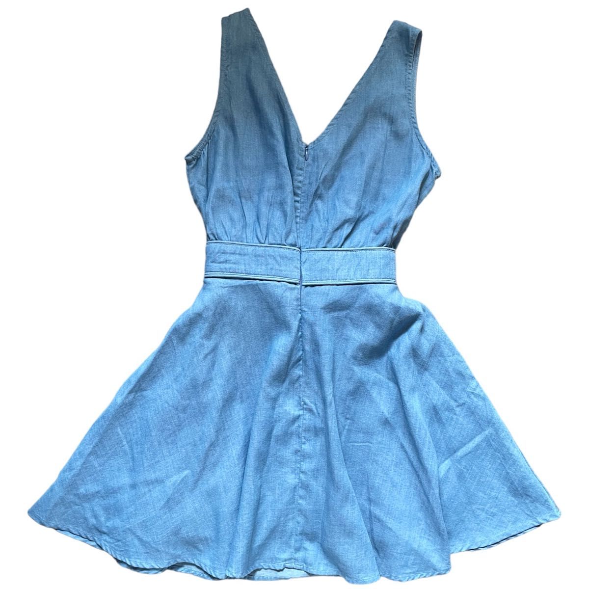 【シワあり】 MIIA ミーア ジャンパースカート リボン ワンピース デニム ウエストマーク ブルー フリーサイズ  未使用 