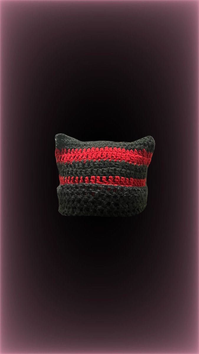 ハンドメイド  手作り 猫耳帽子 猫耳ニット帽 キャット帽子 韓国 韓国アイドル y2k 赤 黒 ボーダー かぎ編み