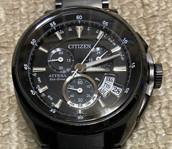 KB1392【ジャンク】CITIZEN ATTESA シチズン アテッサ H610-T015590 エコドライブ 電波ソーラー メンズ腕時計 ブラック チタン 中古 現状品_画像2