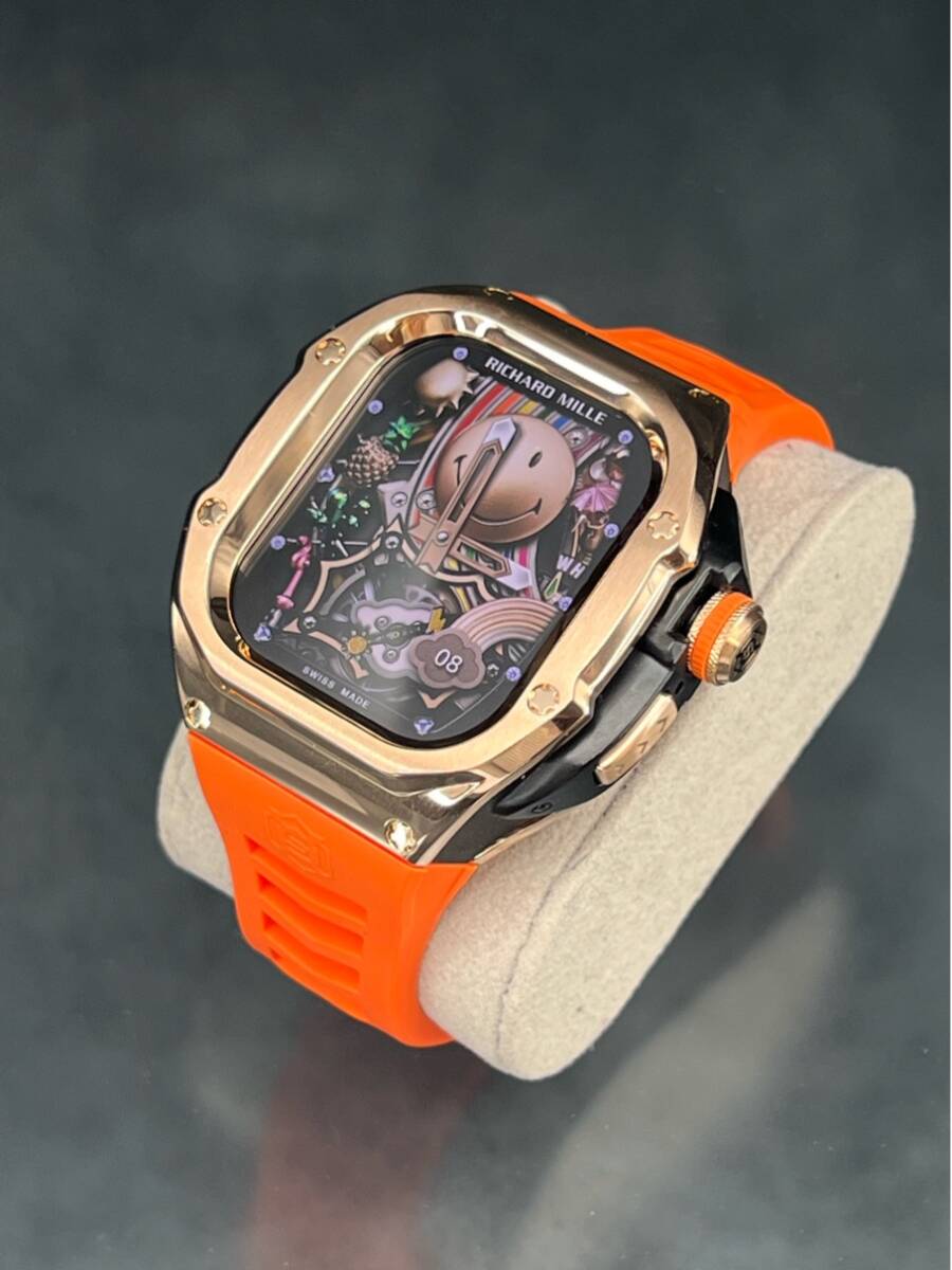 アップルウォッチ ローズ ステンレス ケース オレンジ ラバー ベルト applewatch 49mm ウルトラ用　ゴールデンコンセプト