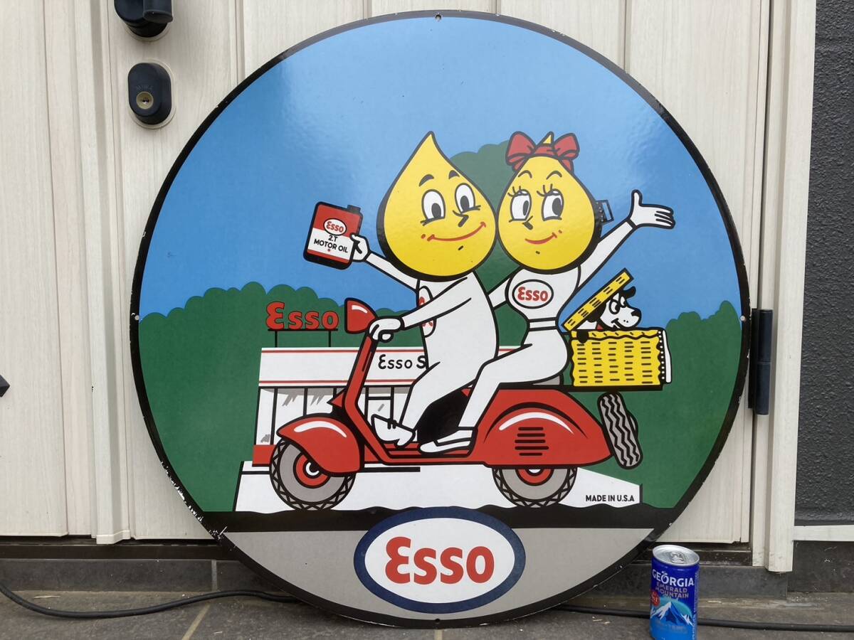 ビンテージ 大型 看板 ESSO エッソ君 オイルドロップボーイ 直径76cm / ホーロー看板 ガレージ アメリカ 世田谷ベース 昭和レトロ_画像1