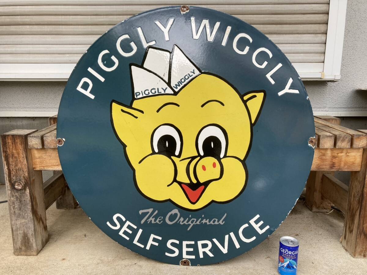 ビンテージ 大型 看板 Piggly Wiggly 直径76cm / ホーロー看板 ガレージ アメリカ 世田谷ベース_画像1