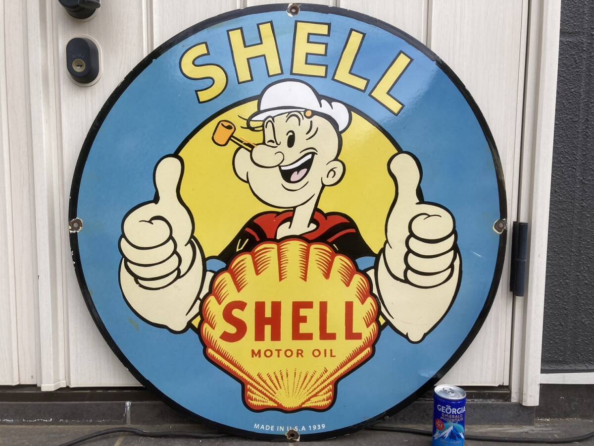 ビンテージ 大型 看板 SHELL ポパイ直径76cm / ホーロー看板 ガレージ 世田谷ベース アメリカ 昭和レトロ_画像1