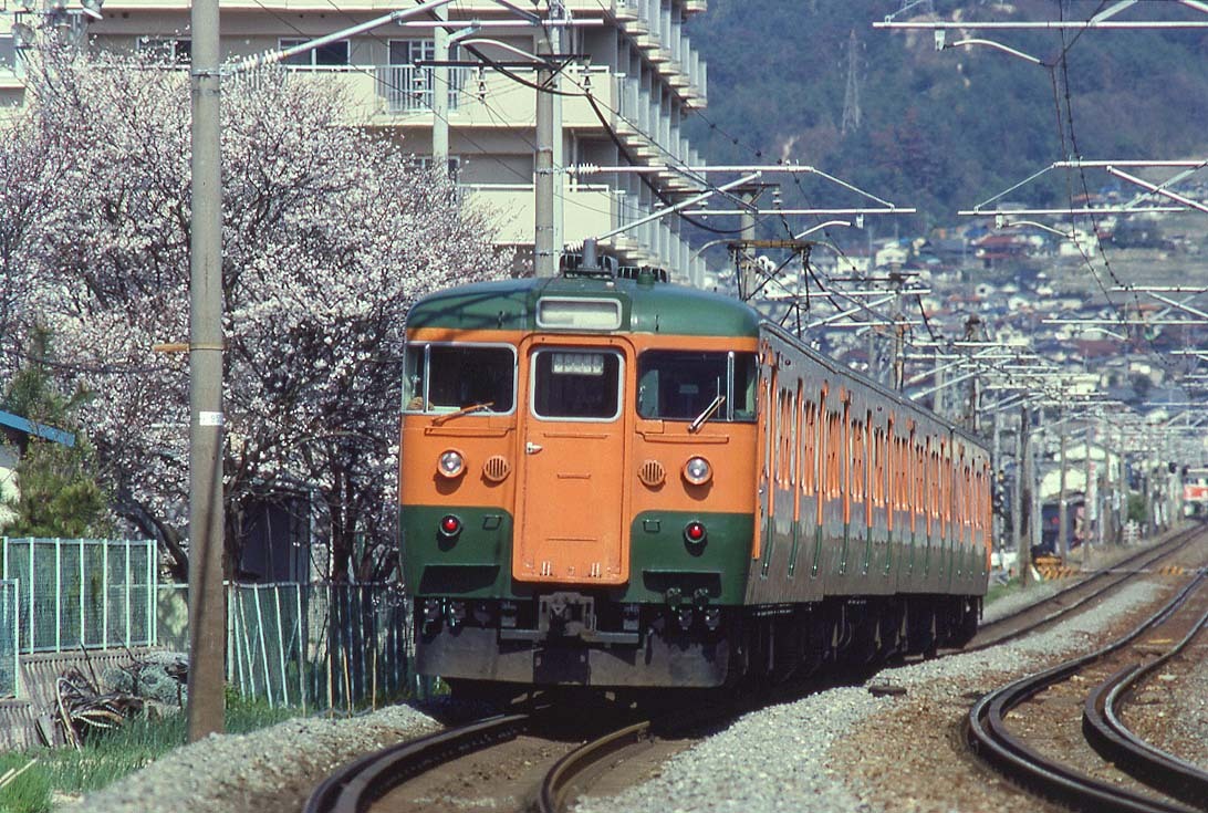 115系 白H 安芸中野の桜_明るく補正見本