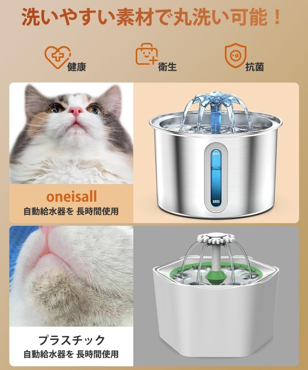oneisall 猫水飲み器 自動給水器 犬給水器 316食品級のステンレス鋼製 2L 静音飲水量アップ 軟水化フィルター*３セット (316ステンレス鋼)の画像4