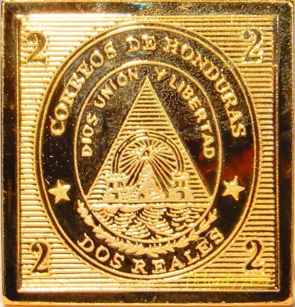 3 中南米 ホンジュラス 2レアル 紋章 切手 コレクション 国際郵便 限定版 純金張り 24カラットゴールド 純銀製 メダル コイン プレート_画像1