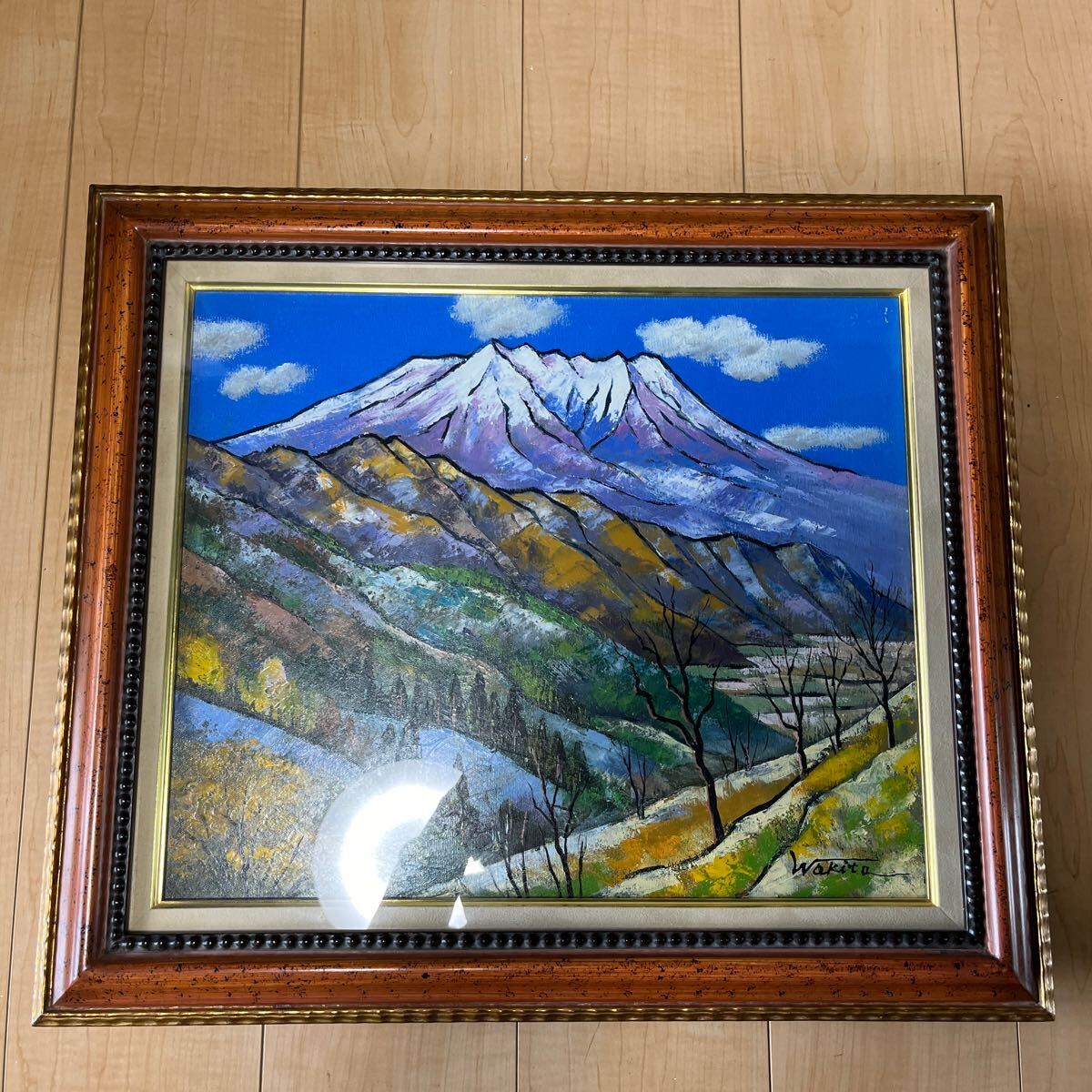 【真作】油彩 額装 油絵 風景画 絵画 額入り 油彩画 脇田　洋　「御岳山山麓」_画像1