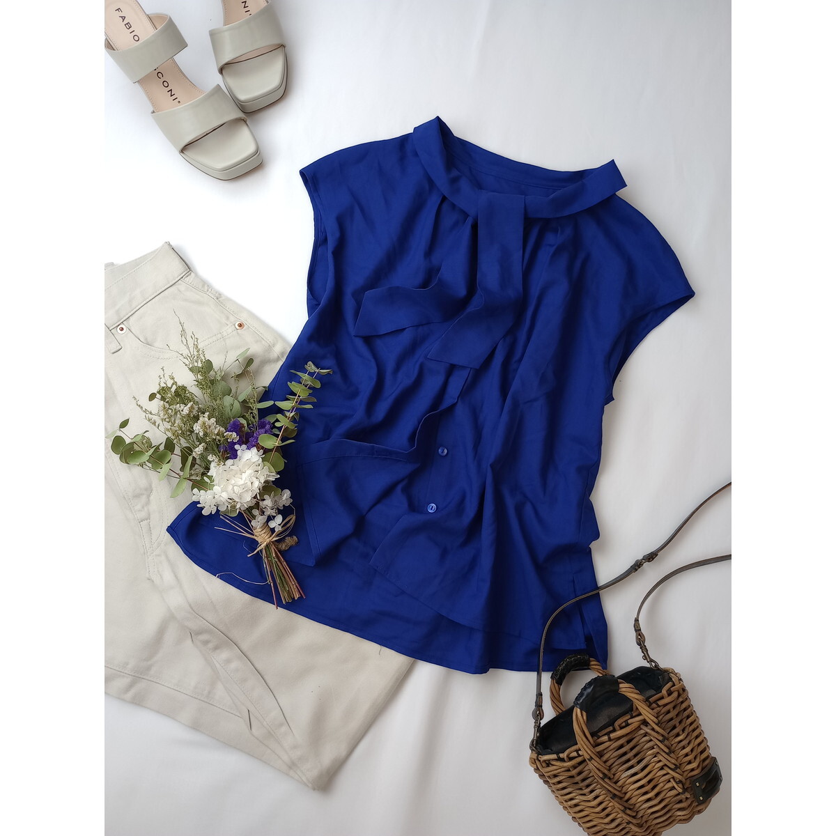 NATURAL BEAUTY BASIC Natural Beauty Basic [ blue sea . blue cotton plant .] bow Thai French sleeve blouse S blue (9Y+0274)