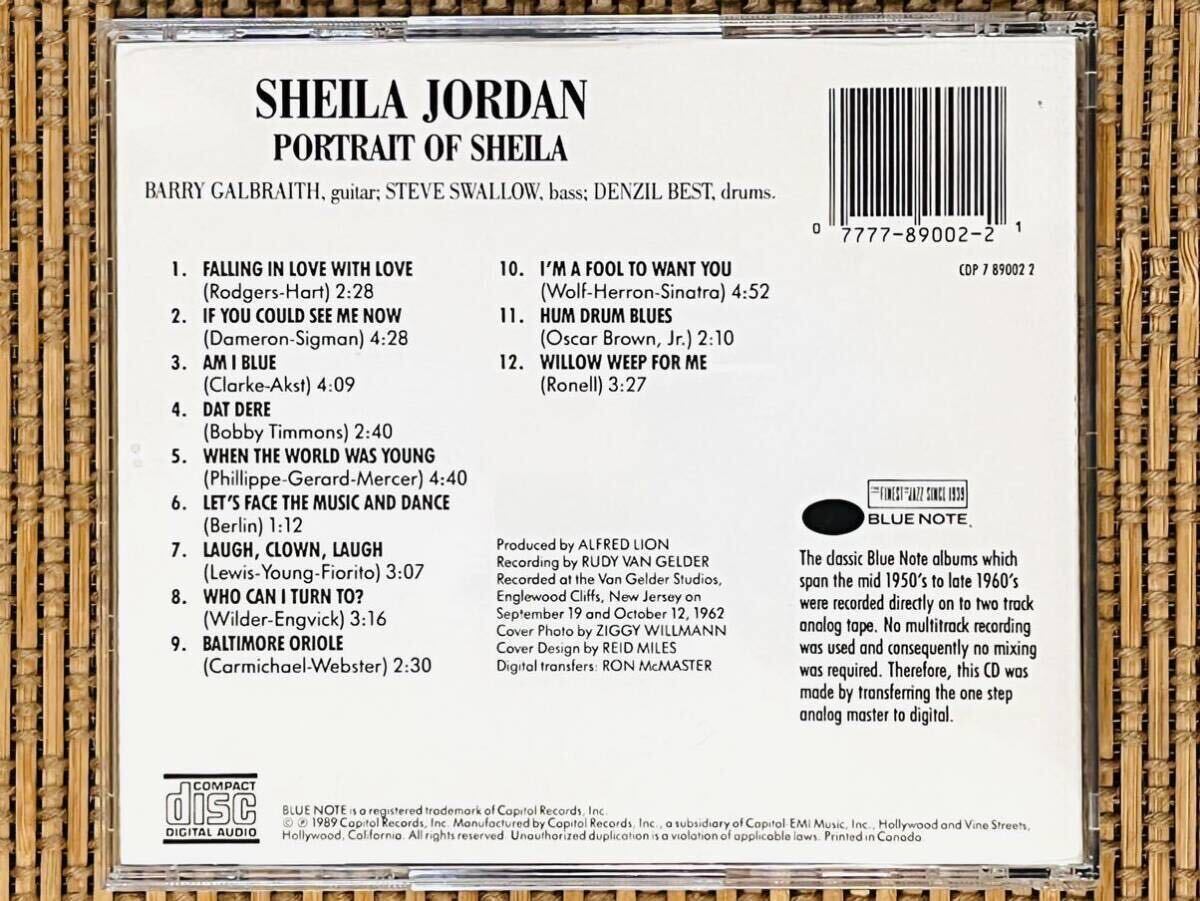 SHEILA JORDAN／PORTRAIT OF SHEILA／CAPITOL (BLUE NOTE) CDP 7 89002 2／カナダ盤CD／シーラ・ジョーダン／中古盤の画像2