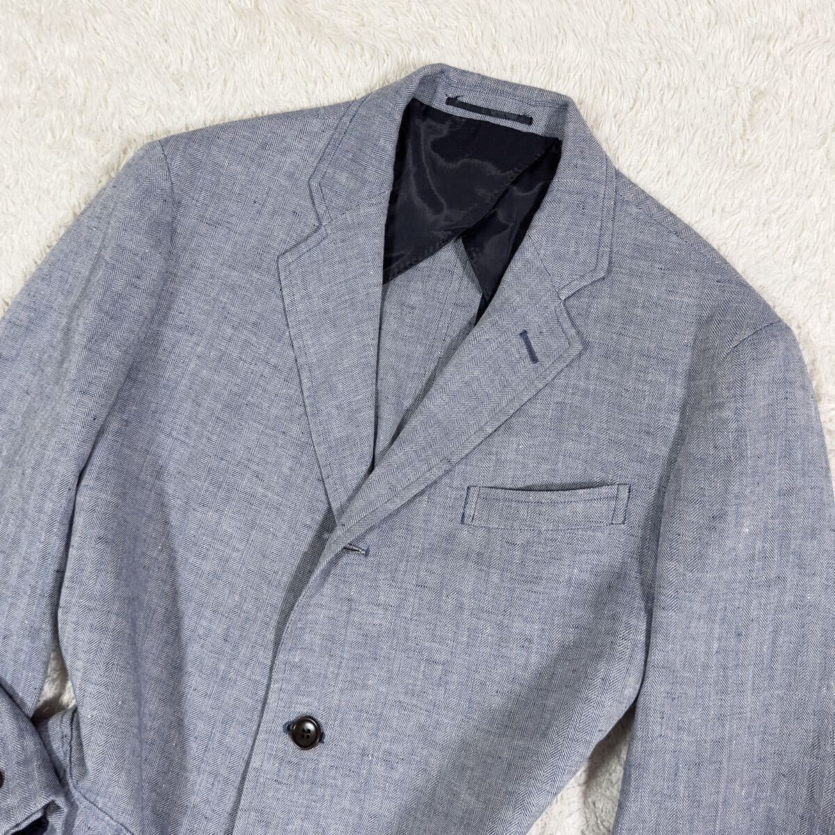  J Press [ gentleman. stylish ]J.PRESS×AIR LINEN tailored Anne navy blue jacket herringbone linen flax light blue L size spring summer 