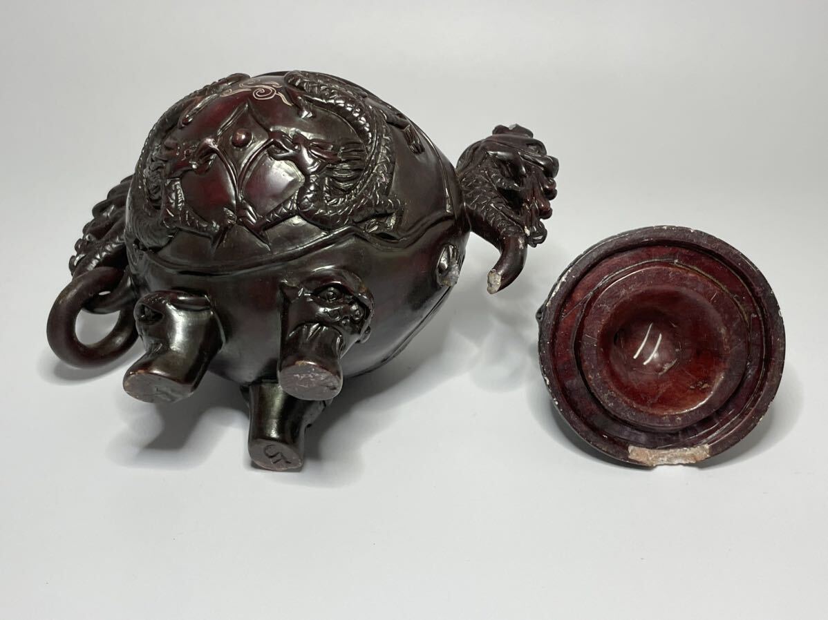 唐物 三足獅子頭香炉 獅子摘み香炉 中国美術 工芸品 置物 オブジェ 香道具 時代物 中国古玩 アンティーク _画像9