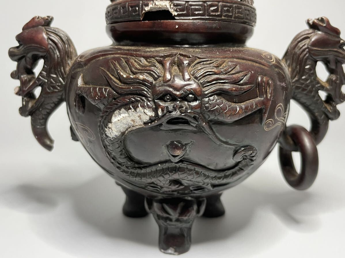 唐物 三足獅子頭香炉 獅子摘み香炉 中国美術 工芸品 置物 オブジェ 香道具 時代物 中国古玩 アンティーク _画像6