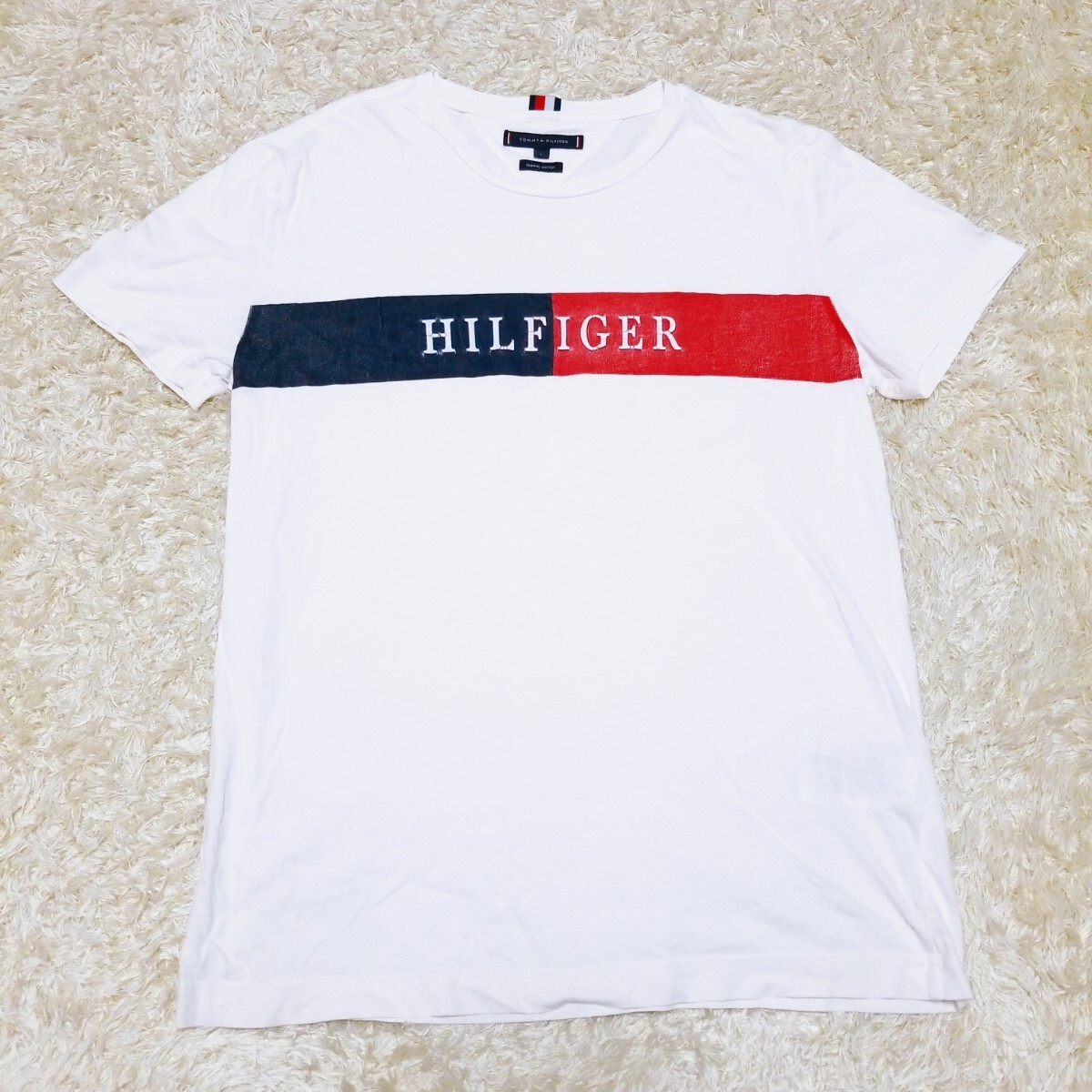 送料無料★Y1477 TOMMY HILFIGER トミーヒルフィガー オーガニックコットン100% ロゴ プリントTシャツ カットソー 半袖 ホワイト メンズ L_画像1