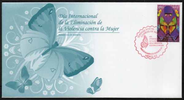 FDC J241 メキシコ 女性に対する暴力撤廃国際デー 昆虫 蝶 1V完貼り 2011年発行 初日カバー_画像1