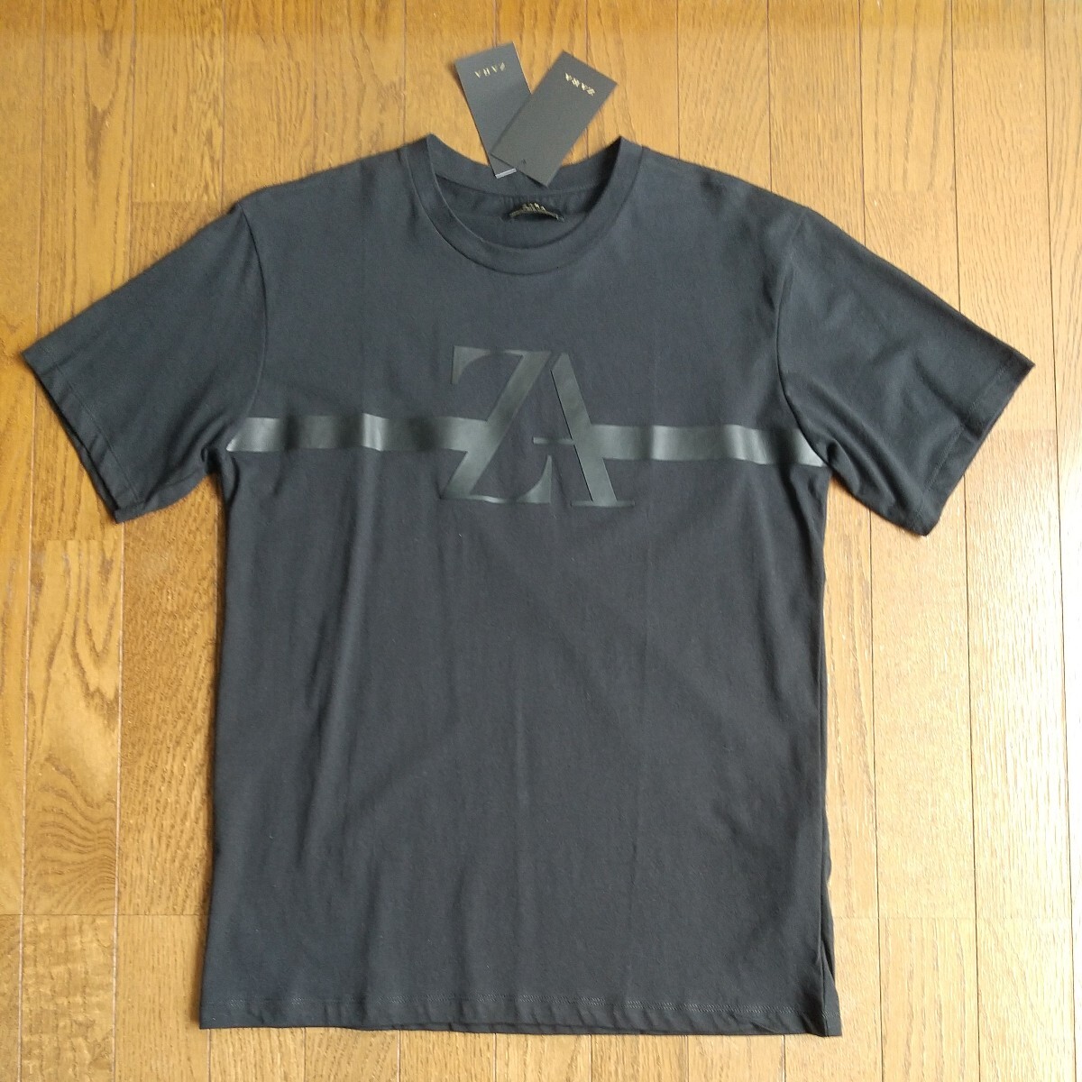 未使用 ZARA MAN Tシャツ M / ザラ ロゴ ブラック コットン 半袖 黒 綿 _画像1
