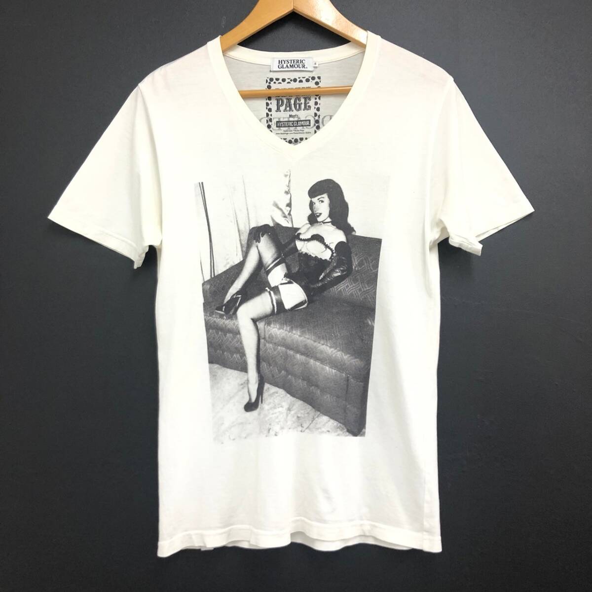 □HYSTERIC GLAMOUR 半袖Tシャツ S 白 ヒステリックグラマー Vネック BETTIE PAGE フォトプリント 日本製 複数落札同梱OK B240517-1●_画像1