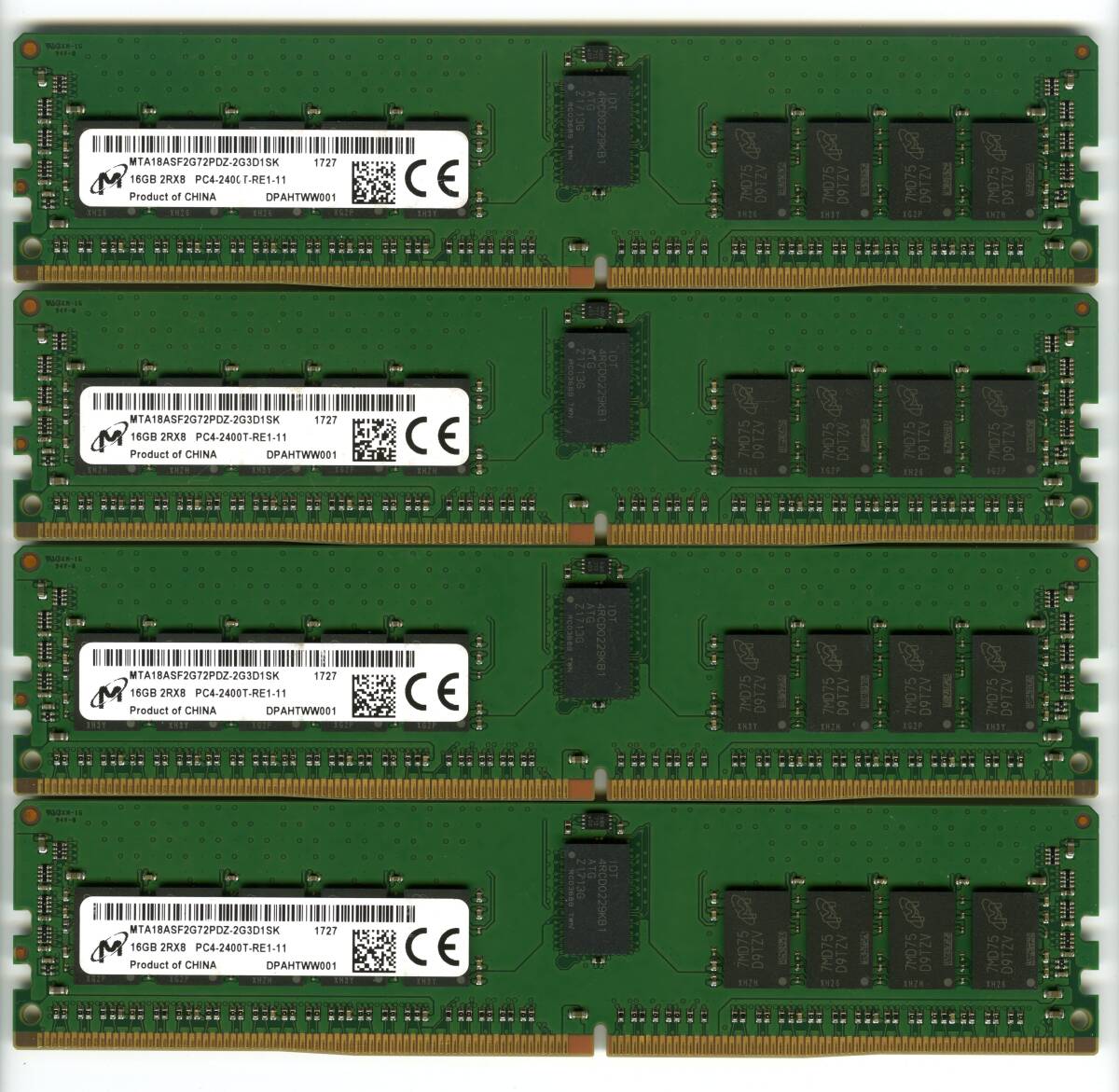 【RDIMM】DDR4-2400、ECC Registered、16GBの4枚セットで64GB、中古 　micron reg サーバー用　Z440で動作確認済み　1727