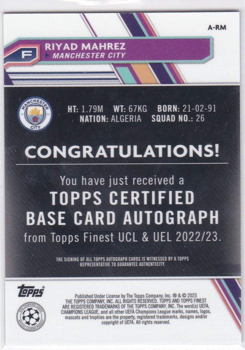 RIYAD MAHREZ (MANCHESTER CITY) 2022-23 TOPPS FINEST UEFA CLUB COMPETITIONS AUTO BLUE REFRACTOR (#/150)の画像2