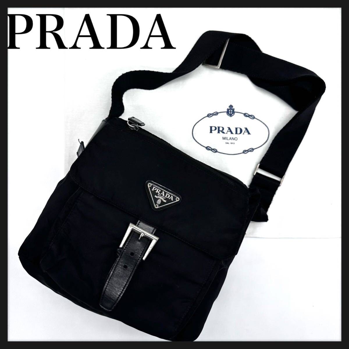 PRADA プラダ ショルダーバッグブラック 斜め掛け 黒 ブラック テスート ナイロン レザー ベルト トライアングルロゴ クロスボディ_画像1