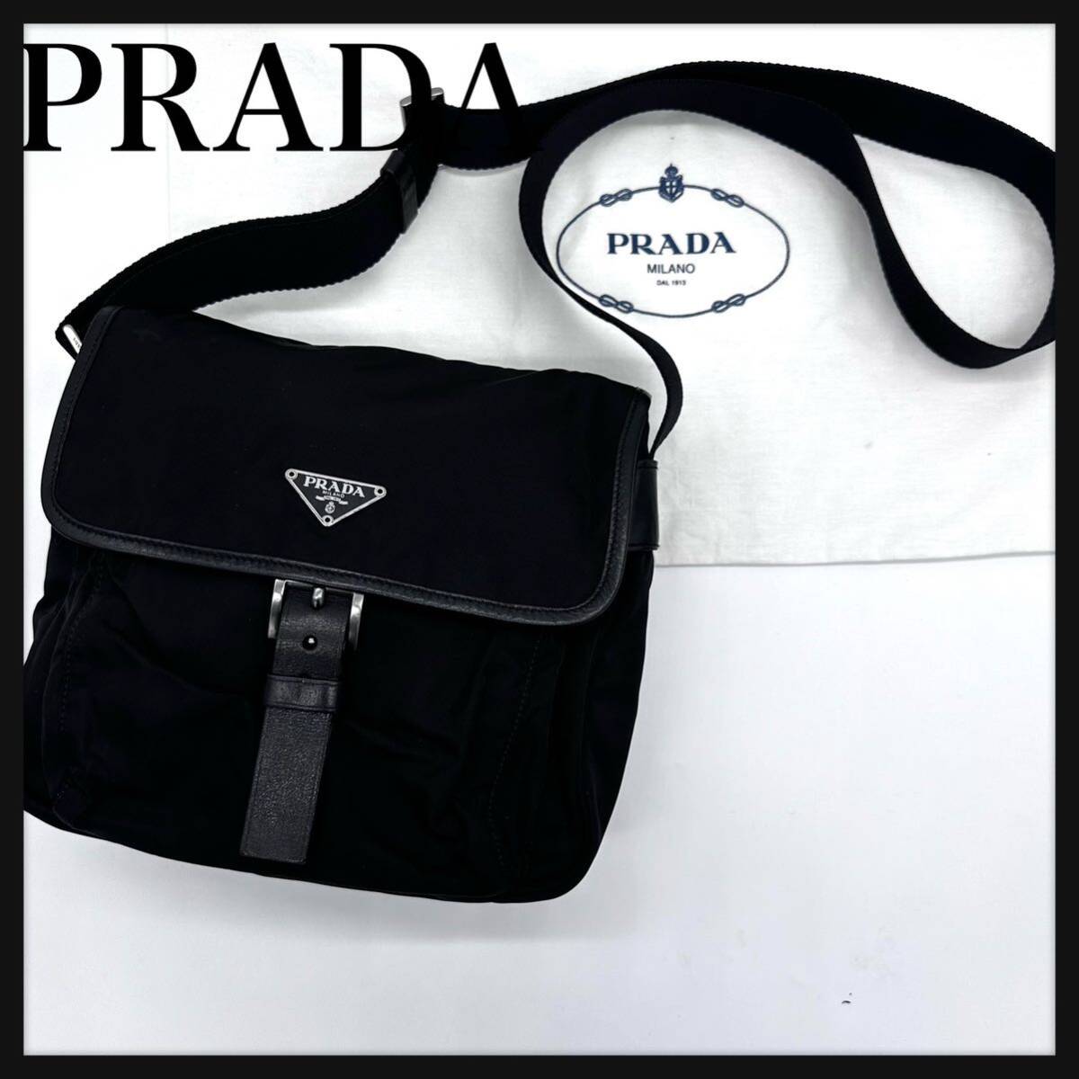 PRADA プラダ 三角プレート ショルダーバッグ ブラック 黒 レザー 斜め掛け テスート ナイロン トライアングル ロゴ カメラバッグ_画像1