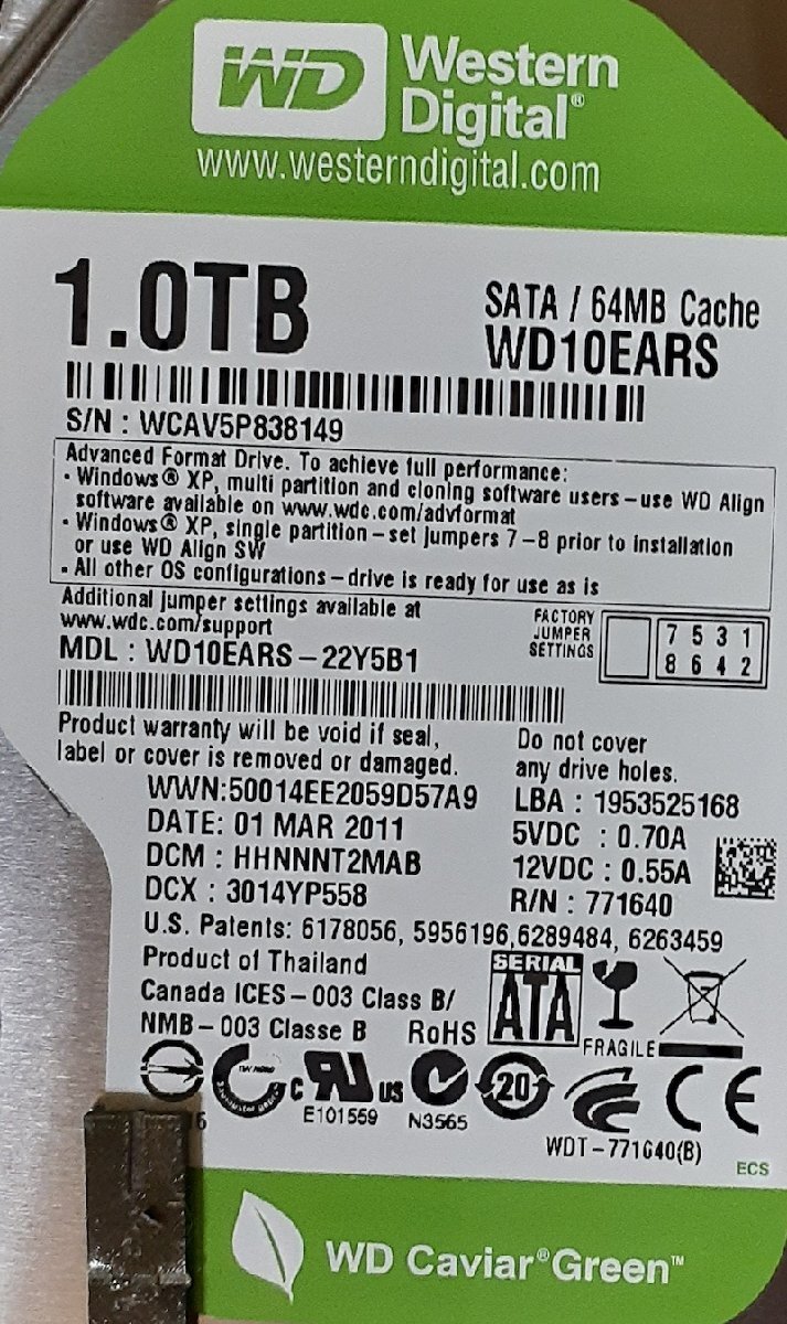 4620 3.5インチ内蔵SATAハードディスク 4個まとめて WesternDigital 1.5TB 1TB 1TB SAMSUNG 500GB 正常 Mac/Win_画像5