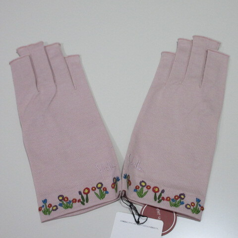 手袋/UV手袋【Sybilla】シビラ指先なしUV手袋 日本製 綿100% 刺繍/ピンク_画像1