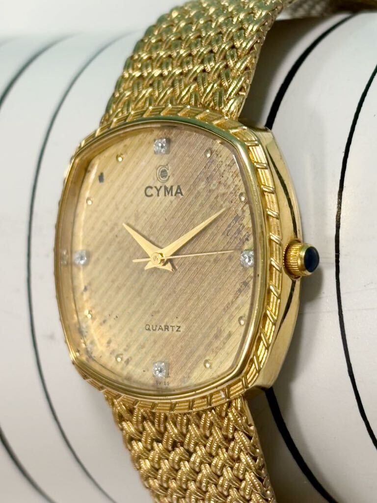 稼働品 CYMA シーマ メンズ腕時計 ゴールド×ゴールド SS クォーツ 604SP 4Pダイヤ 電池交換済み_画像3