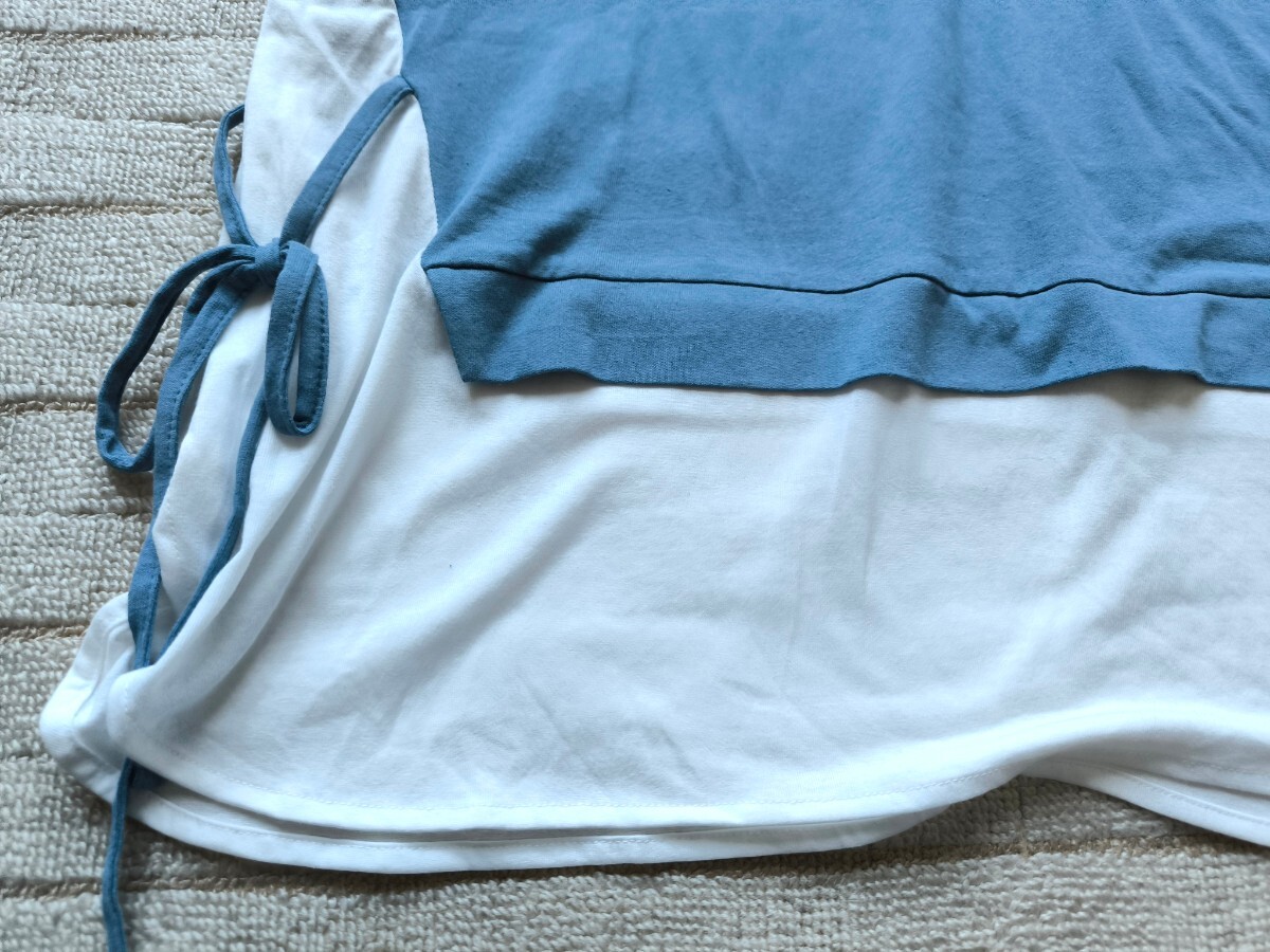 ☆未使用！ 半袖Tシャツ 3Lサイズ☆裾 レイヤード ☆リボン 中青色☆レディース 大きいサイズ トップス