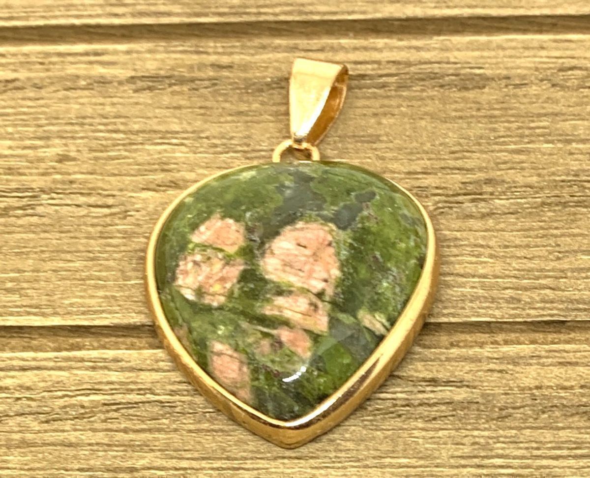 【Premio Fortuna】ユナカイト（花緑石）ハートペンダント 緑とピンクの宝石 ペンダントトップ 癒しのパワーストーン 306192の画像1