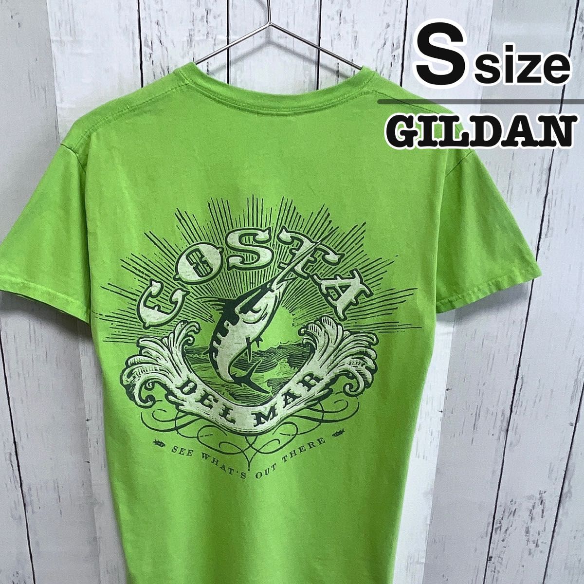 USA古着　GILDAN　Tシャツ　黄緑　ライトグリーン　フィッシュ　アニマル柄