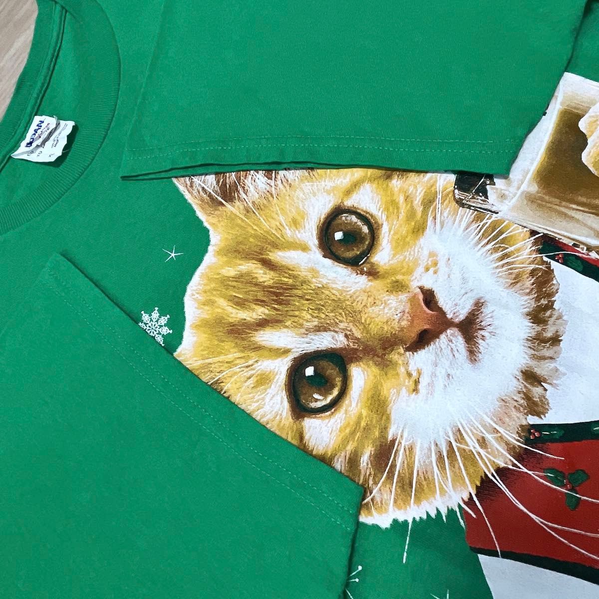 USA古着　GILDAN　Tシャツ　グリーン　ネコ　猫　キャット　アニマル柄