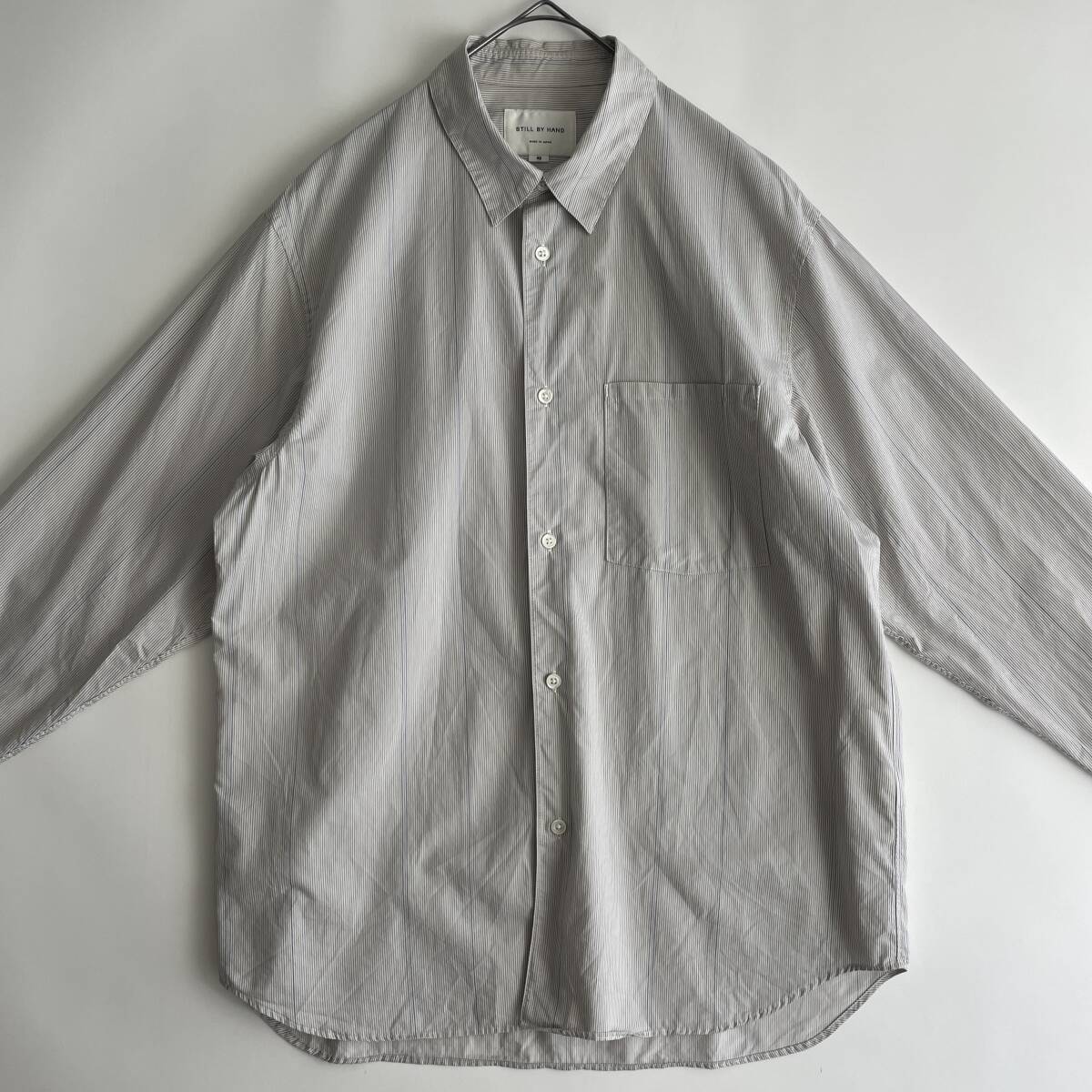 【美品】STILL BY HAND size/48 (ic) スティルバイハンド 春夏 薄手 ストライプ 長袖シャツ グレー 日本製 JAPAN SHIRT_画像3