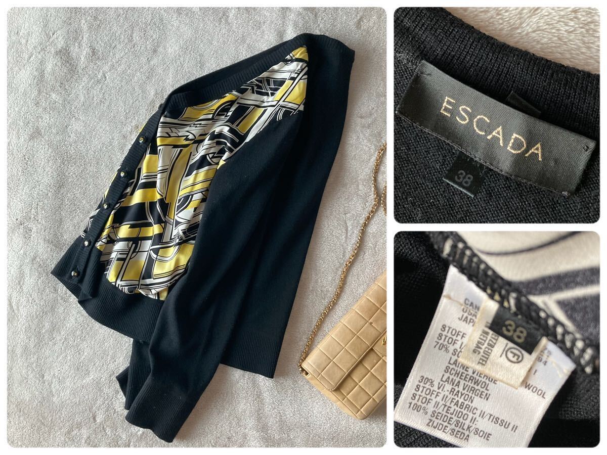  Escada * прекрасное качество шелк атлас × шерсть супермаркет to кардиган * черный × оттенок желтого 