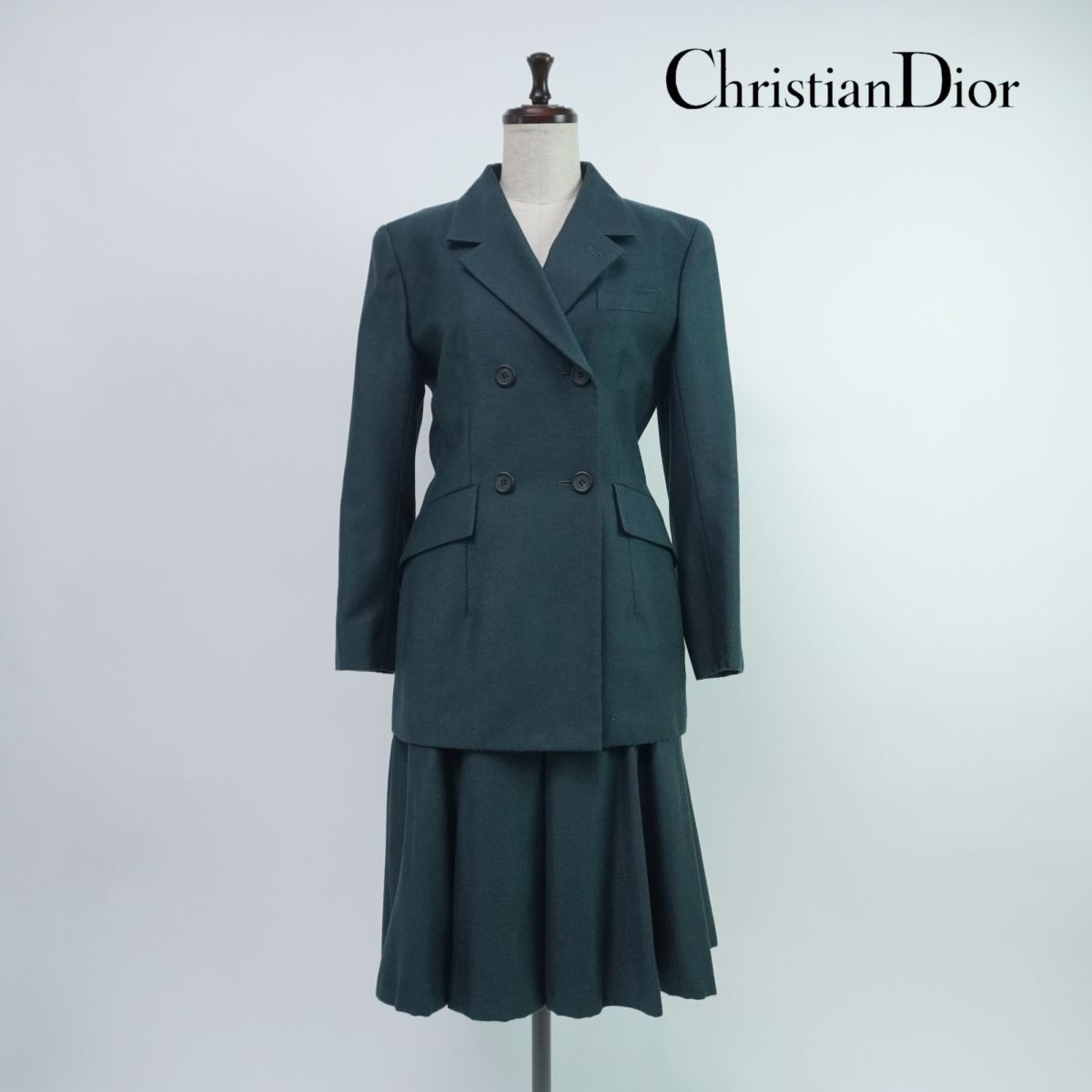 美品 Christian Dior クリスチャンディオール ウール100% ダブルジャケット フレアスカート スーツ 総裏 レディース 緑 サイズ9*PC783_画像1