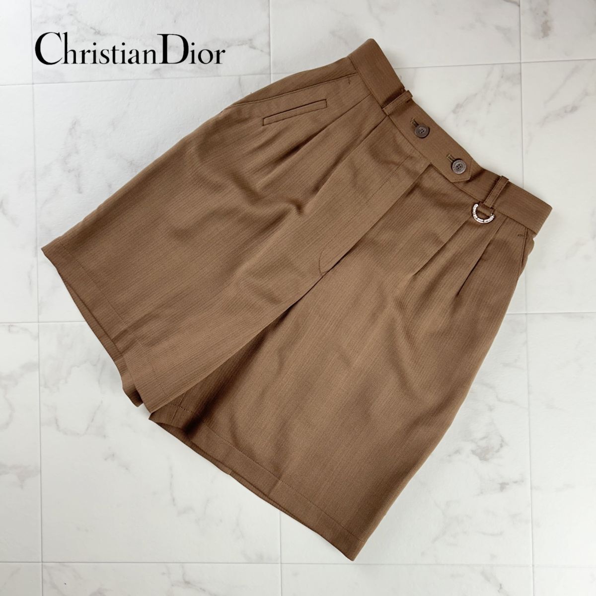 美品 Christian Dior クリスチャンディオール タックフレアハーフパンツ ボトムス レディース 茶色 ブラウン サイズM*PC186_画像1